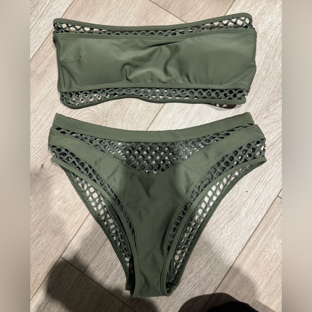 Olive Green Mesh Cutout Bikini Set – Size Small